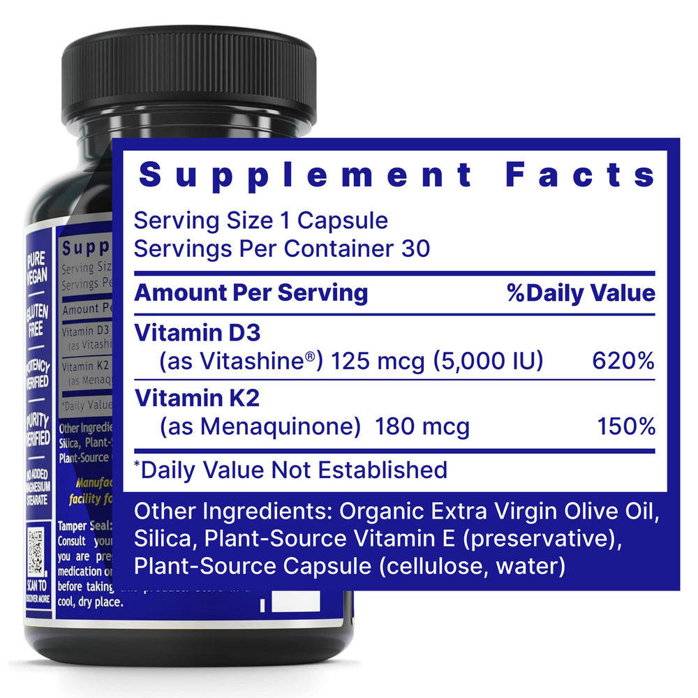 Quantum Nutrition Labs D3 K2 capsules close-up highlighting plant-based formula