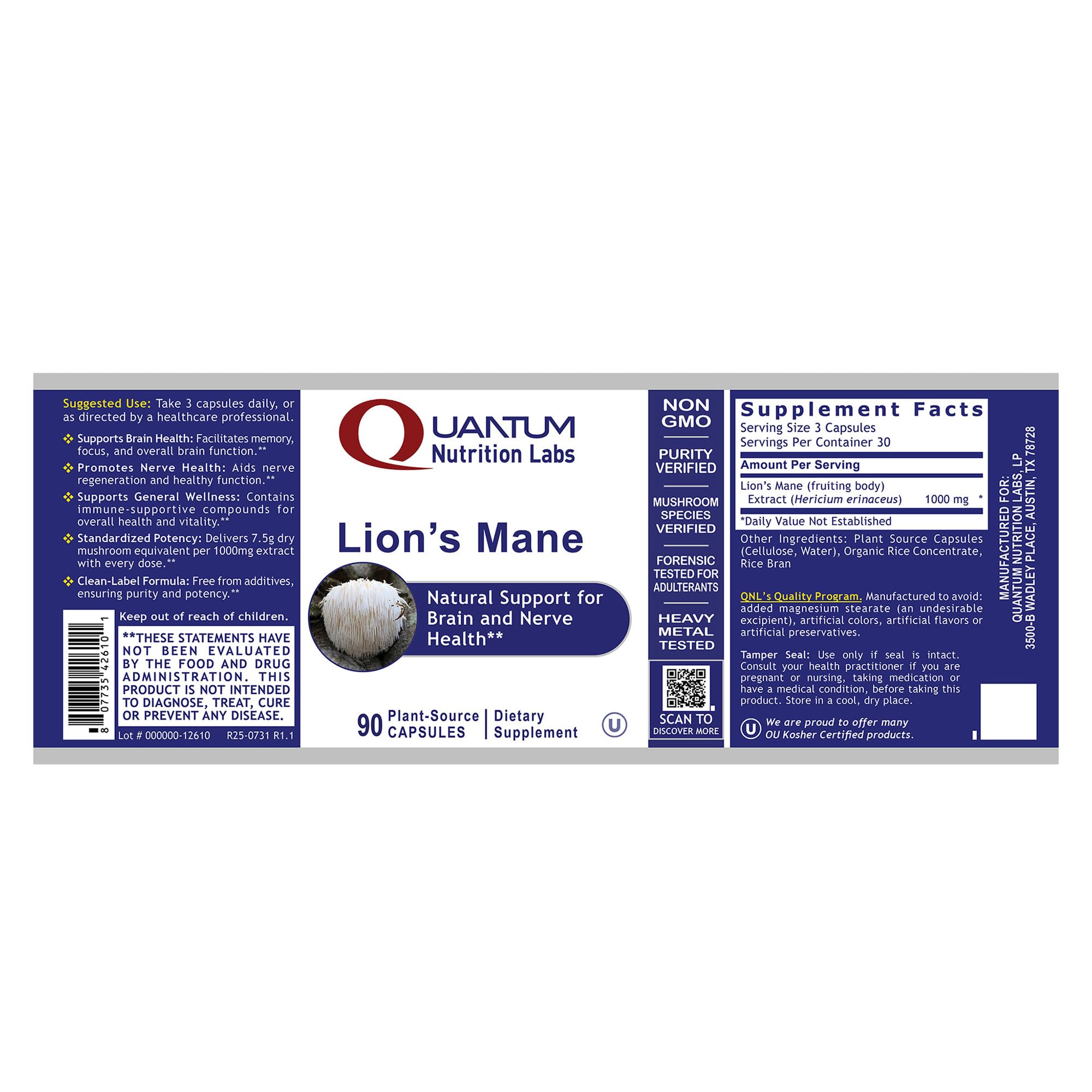 Quantum Nutrition Lions Mane capsules taken with meals for brain support