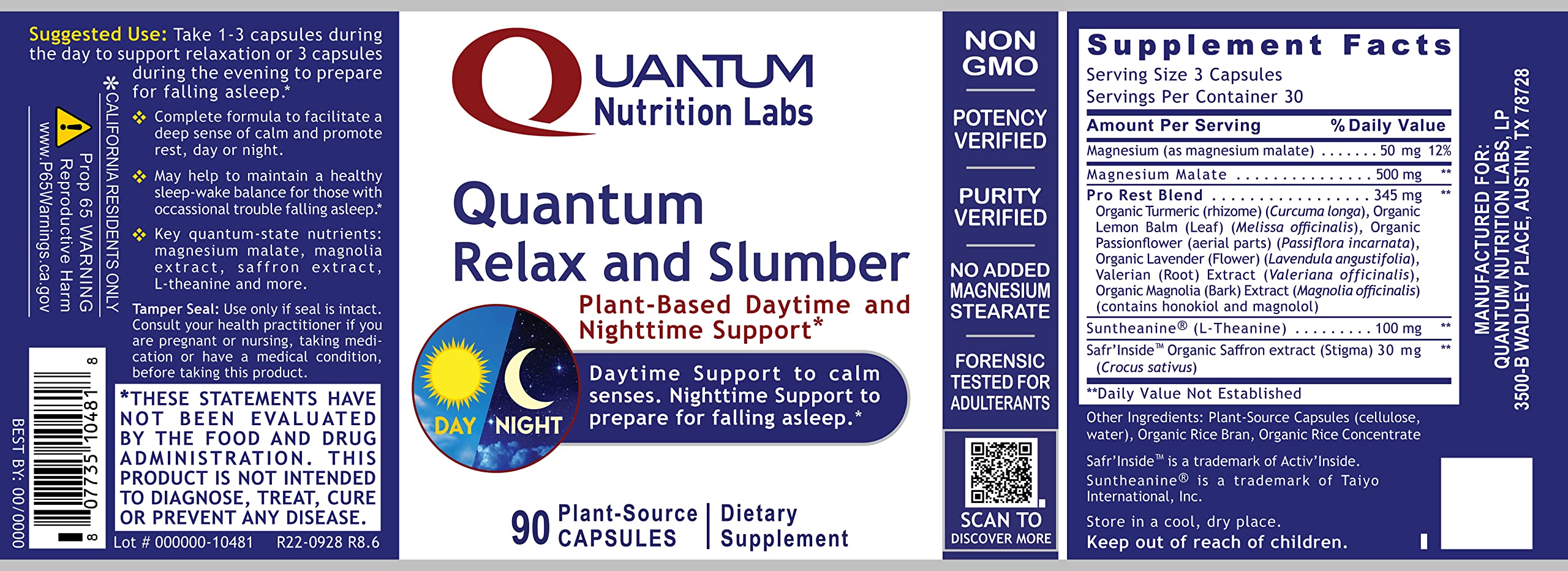 Nightstand scene with Quantum Relax and Slumber packaging ready for nightly routine.