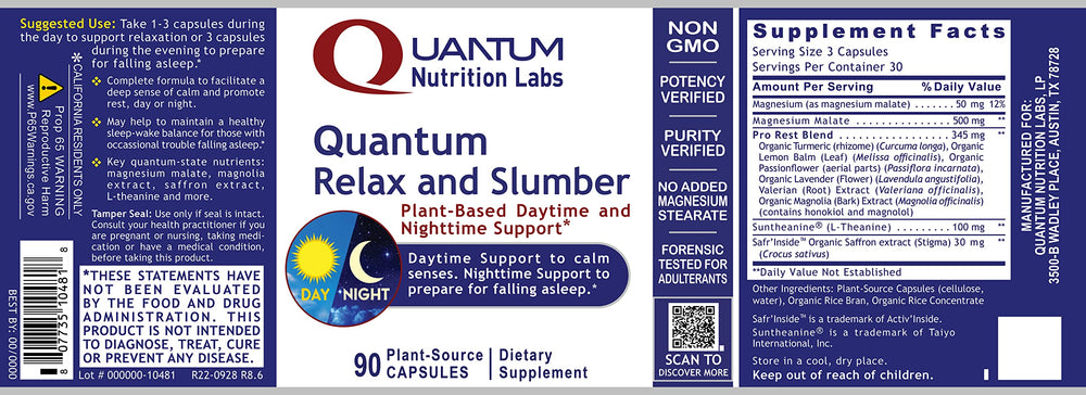 Nightstand scene with Quantum Relax and Slumber packaging ready for nightly routine.