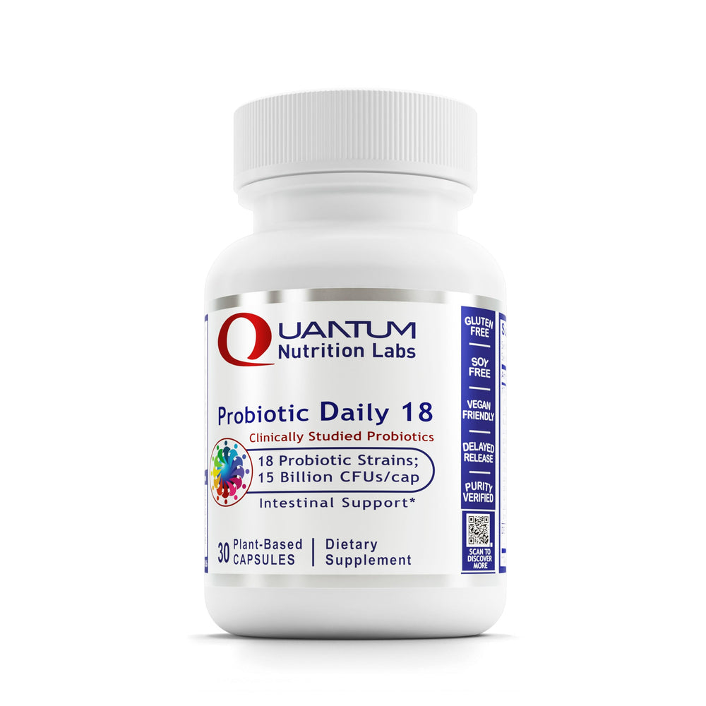 Quantum Nutrition Probiotic Daily 18 bottle front view supports digestive health.