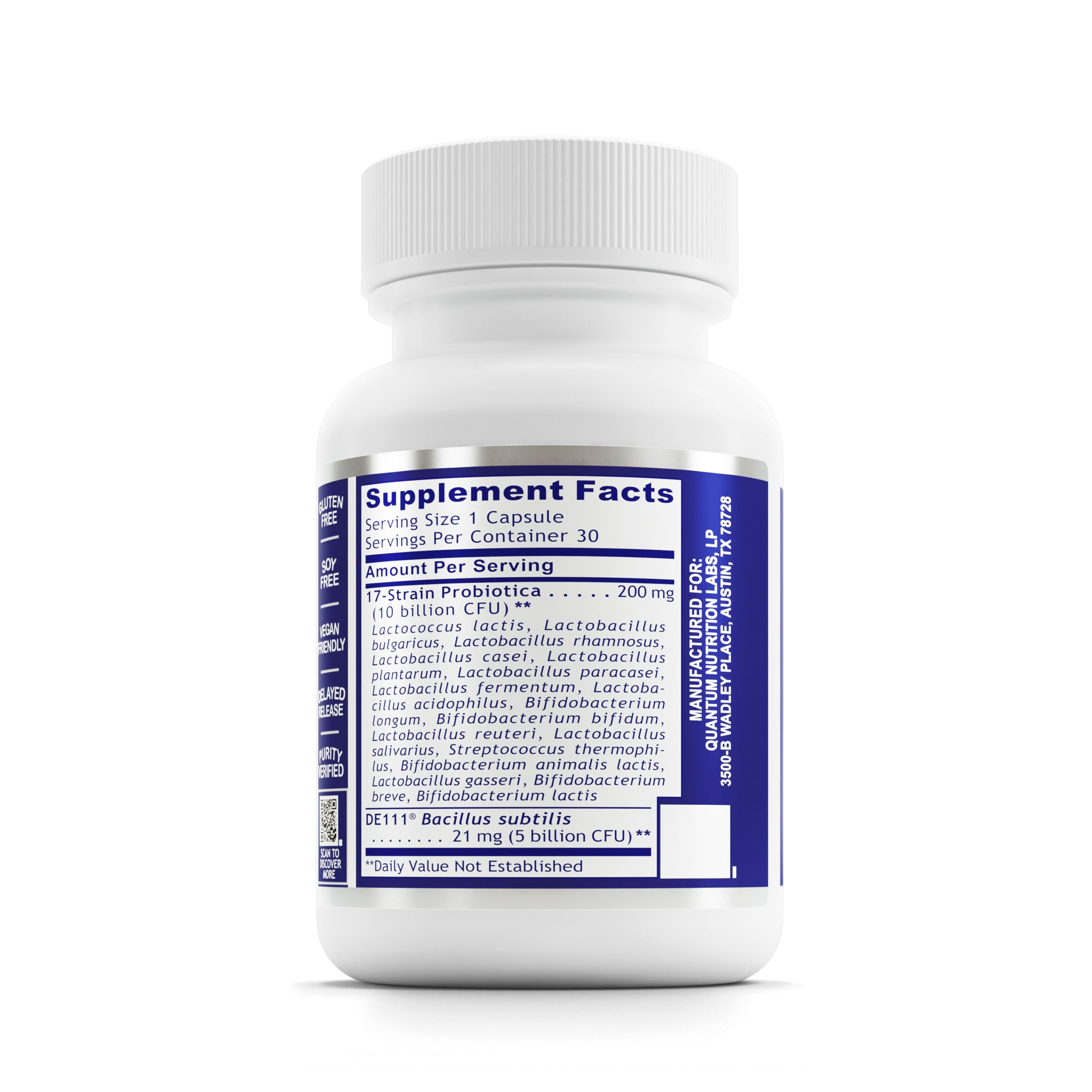 Quantum Nutrition Probiotic Daily 18 capsules close-up for gut microbiome balance.