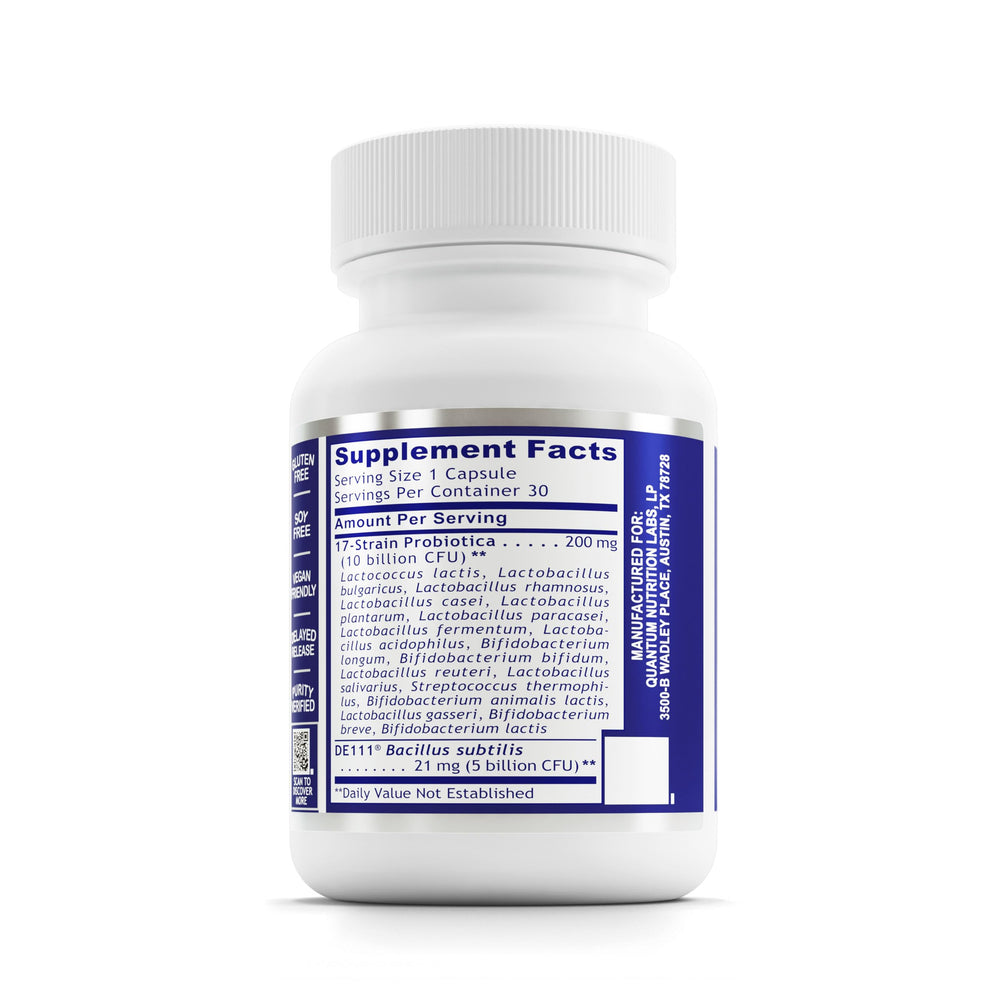 Quantum Nutrition Probiotic Daily 18 capsules close-up for gut microbiome balance.