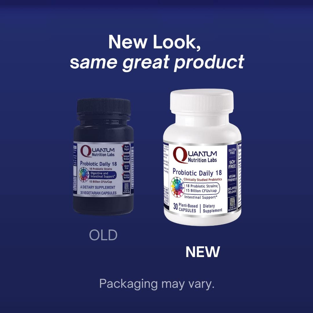 Quantum Nutrition Probiotic Daily 18 capsules with glass of water for use.