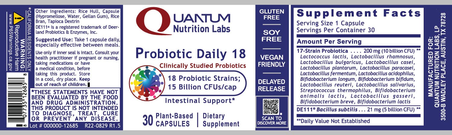 Quantum Nutrition Probiotic Daily 18 packaging side view eco-friendly design.