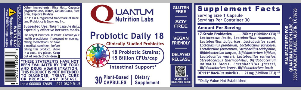 Quantum Nutrition Probiotic Daily 18 packaging side view eco-friendly design.