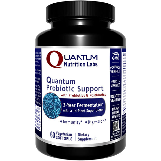 Quantum Nutrition Probiotic Support bottle front promotes gut balance and overall wellness.