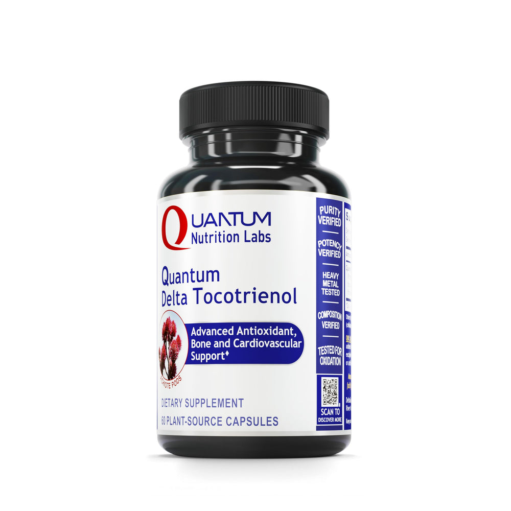 Quantum Nutrition QNL Delta Tocotrienol bottle shows plant-based vitamin E support for heart and liver health.
