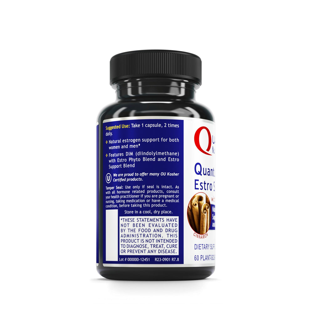 Quantum Nutrition QNL Estro Support label close-up highlighting organic ingredients.