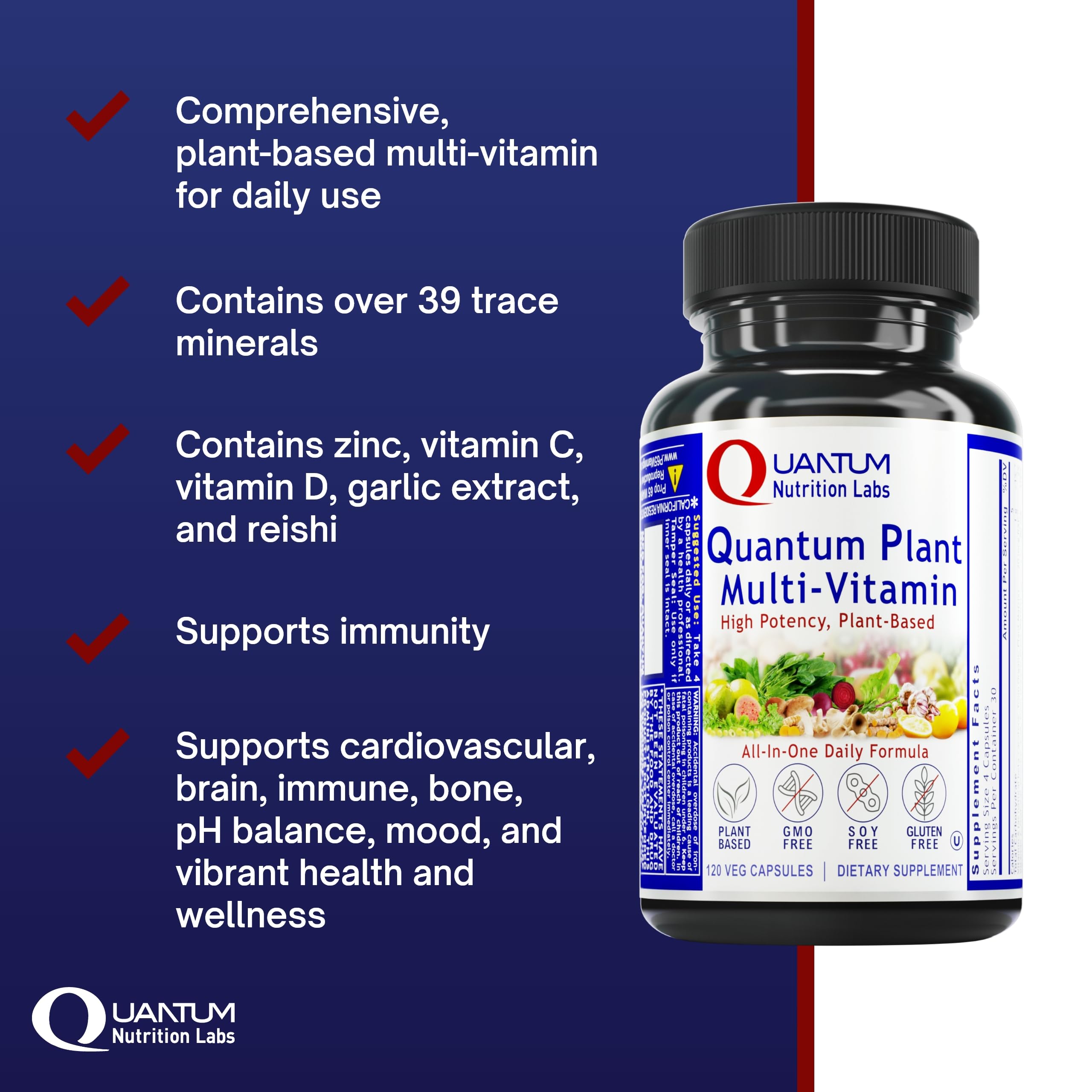 Quantum Nutrition QNL Plant Multi-Vitamin label detail highlights key nutrients