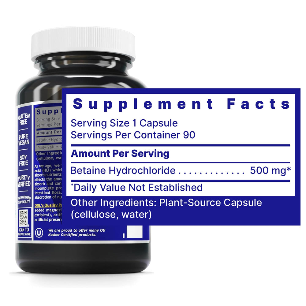 Close-up of Quantum Nutrition Quantum Betaine HCL capsules for digestive comfort.