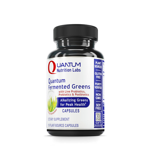Quantum Nutrition Quantum Fermented Greens bottle front for daily greens convenience.