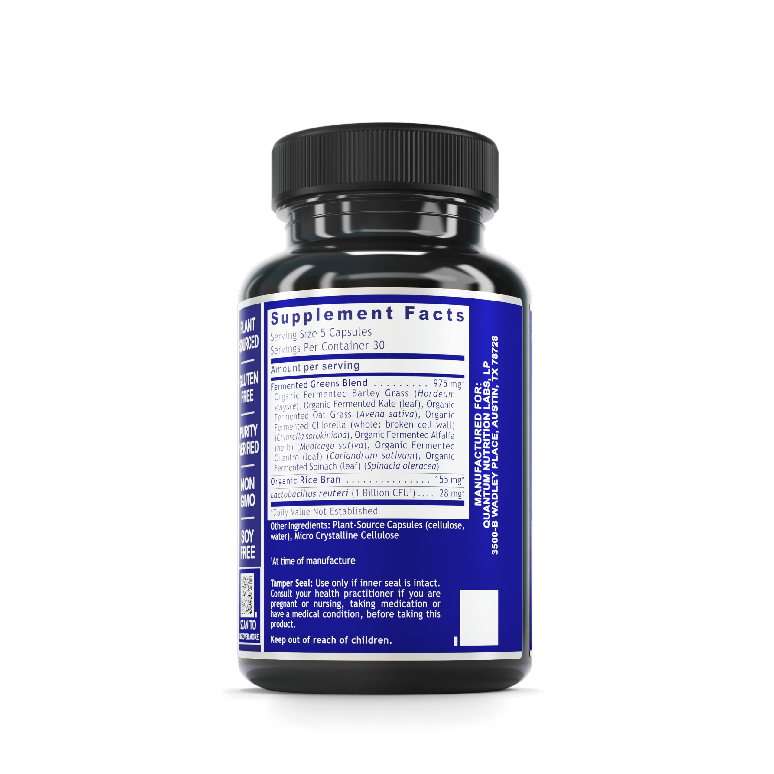 Quantum Nutrition Quantum Fermented Greens bottle pour showing quick, easy serving.