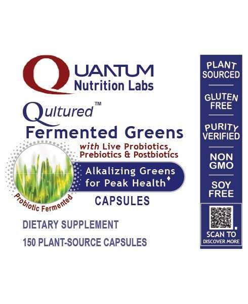 Quantum Nutrition Quantum Fermented Greens ingredients layout highlighting plant-based nutrients.
