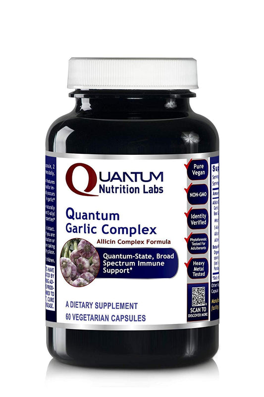 Quantum Nutrition Quantum Garlic Complex bottle with allicin-rich capsules for immune support.