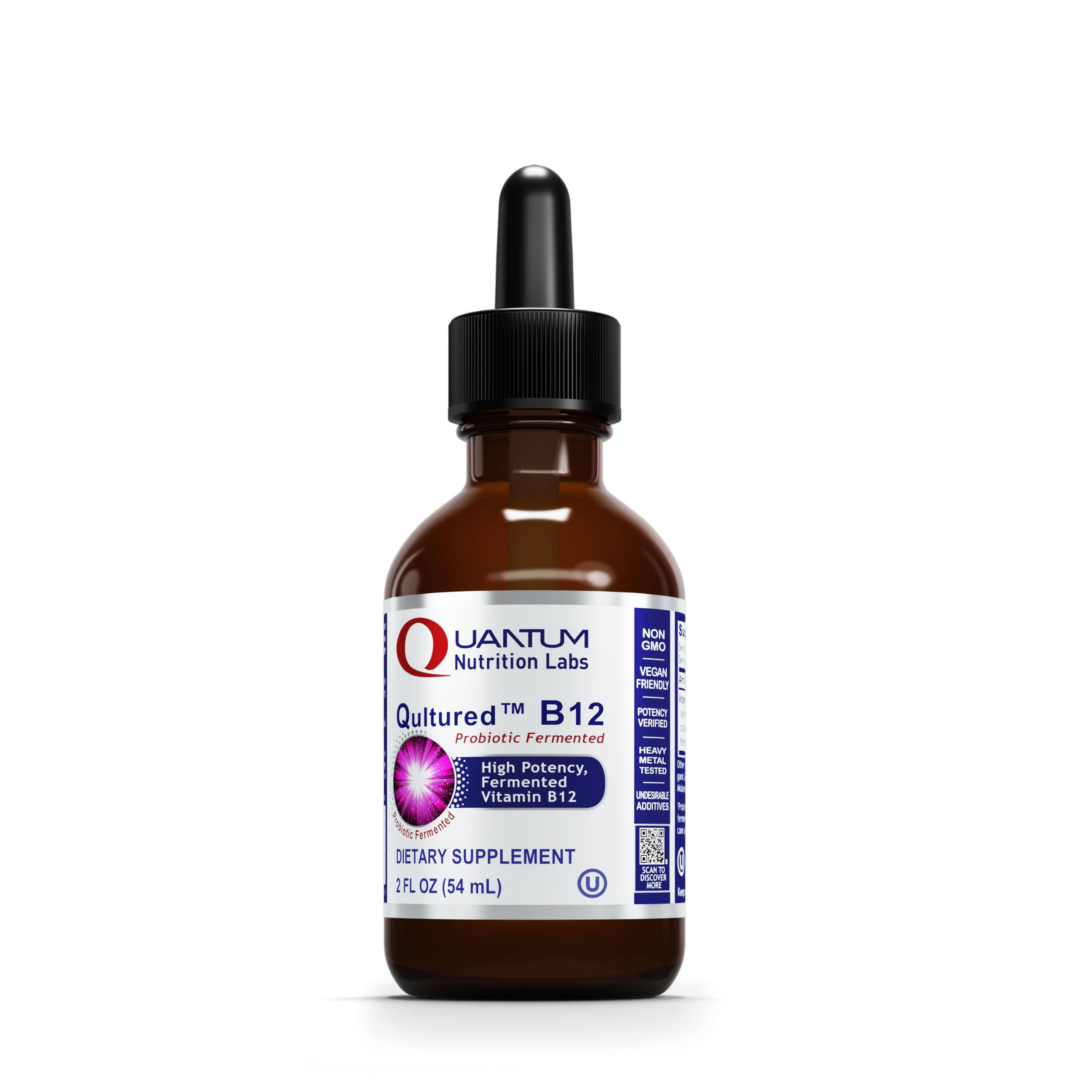 Quantum Nutrition Qultured B12 liquid bottle shows a vegan, methylated B12 option for daily energy.
