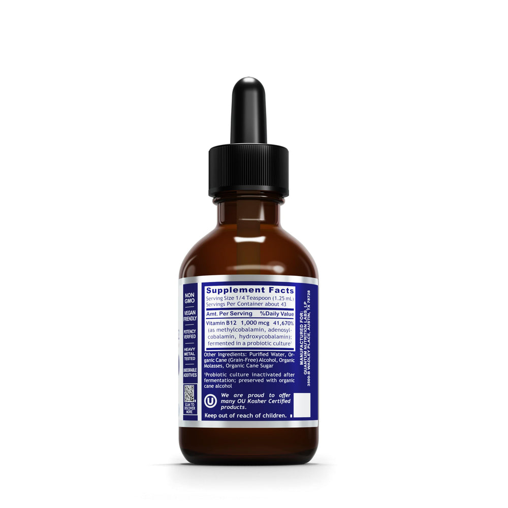 Quantum Nutrition Qultured B12 liquid drops highlight active methylcobalamin and absorption benefits.