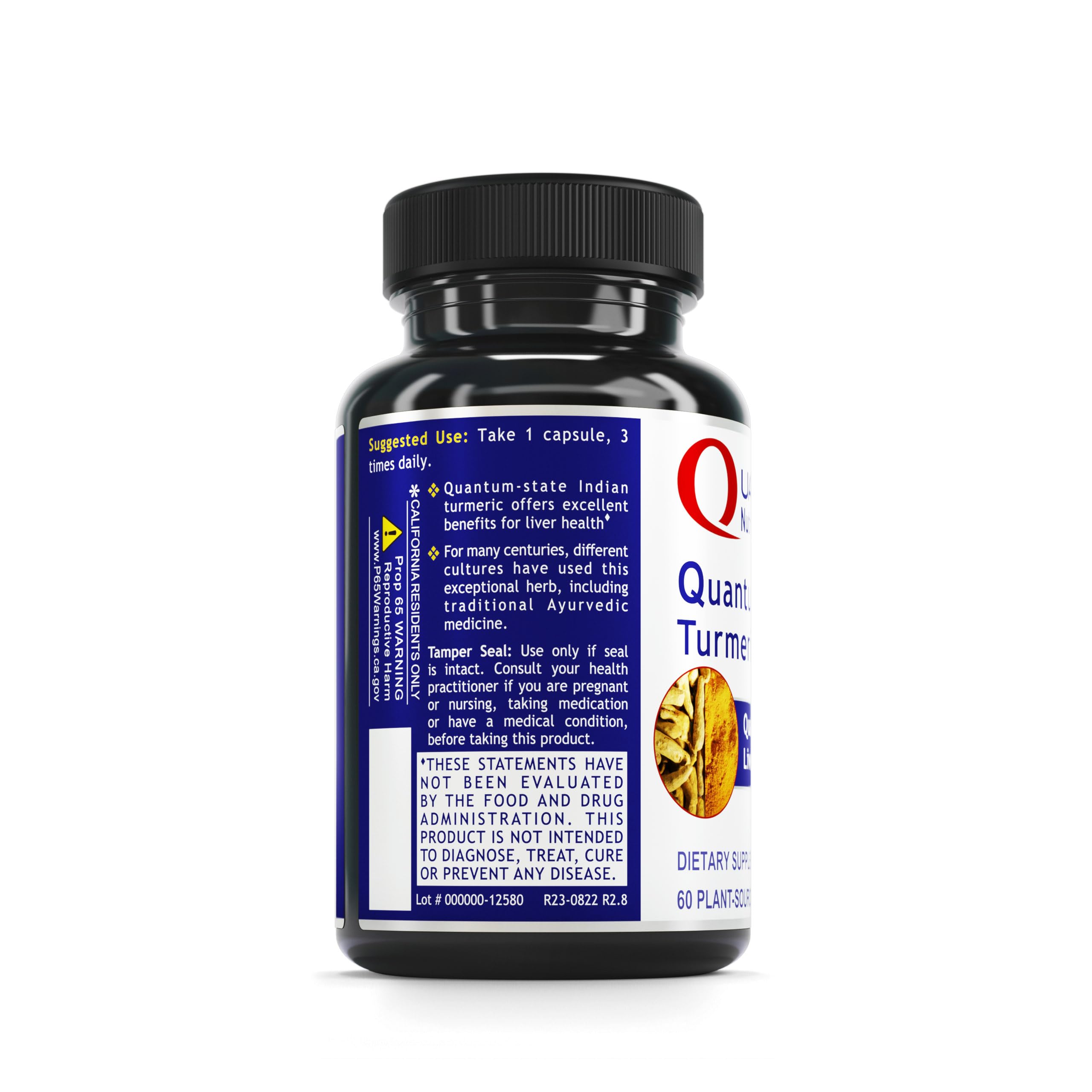Quantum Nutrition Turmeric bottle label reveals organic turmeric ingredients.