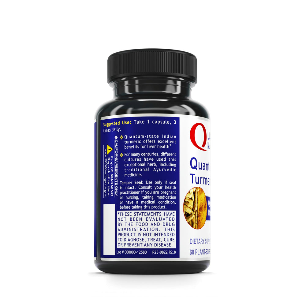 Quantum Nutrition Turmeric bottle label reveals organic turmeric ingredients.