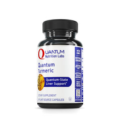Quantum Nutrition Turmeric capsules bottle promoting daily liver support.