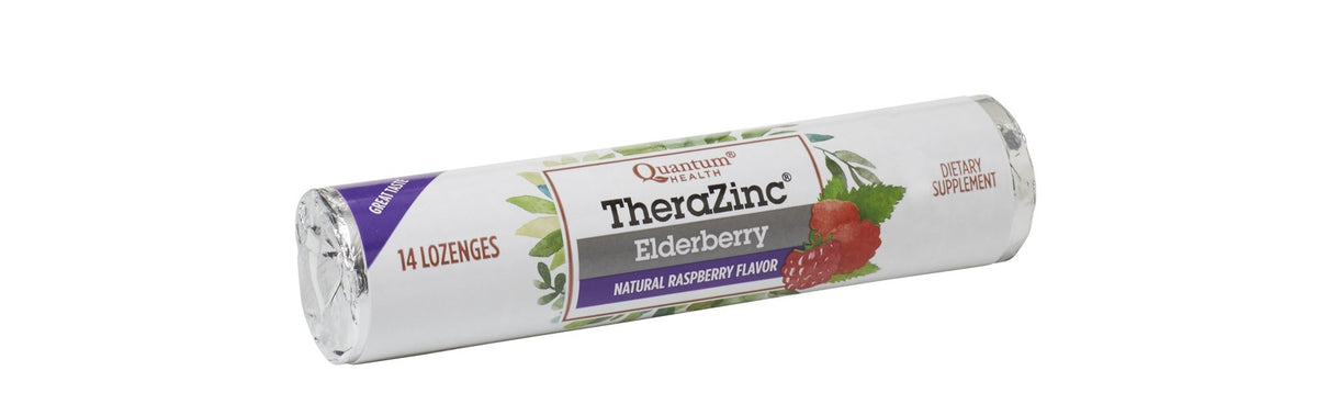 Quantum TheraZinc Elderberry lozenge pack for convenient on the go immune support