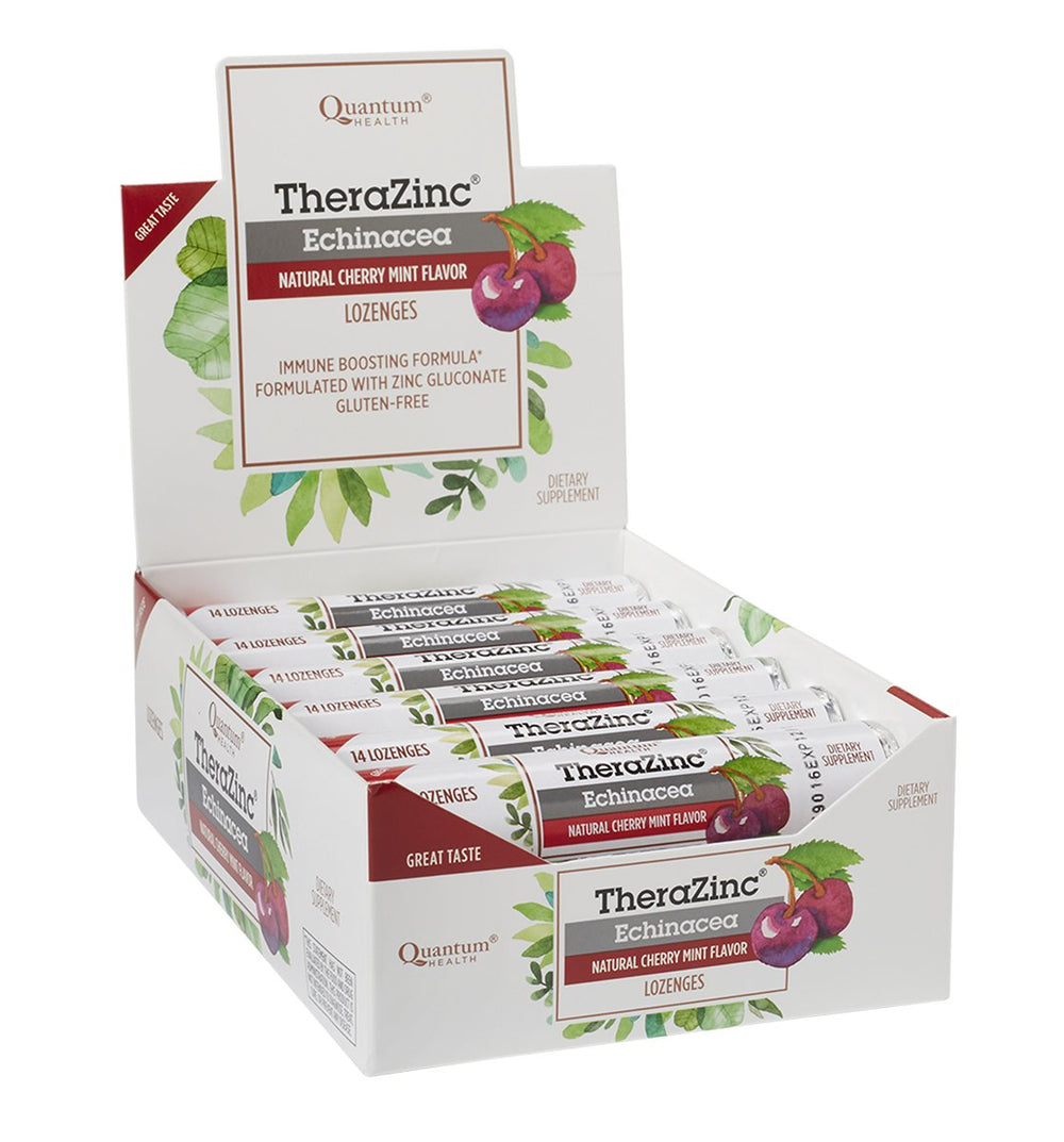 Quantum TheraZinc packaging label highlighting zinc gluconate and herbs