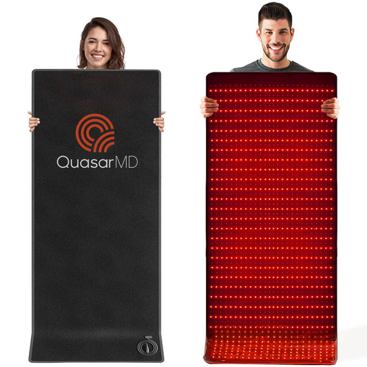QuasarMD infrared red light therapy mat with 1440 LEDs for full-body recovery.