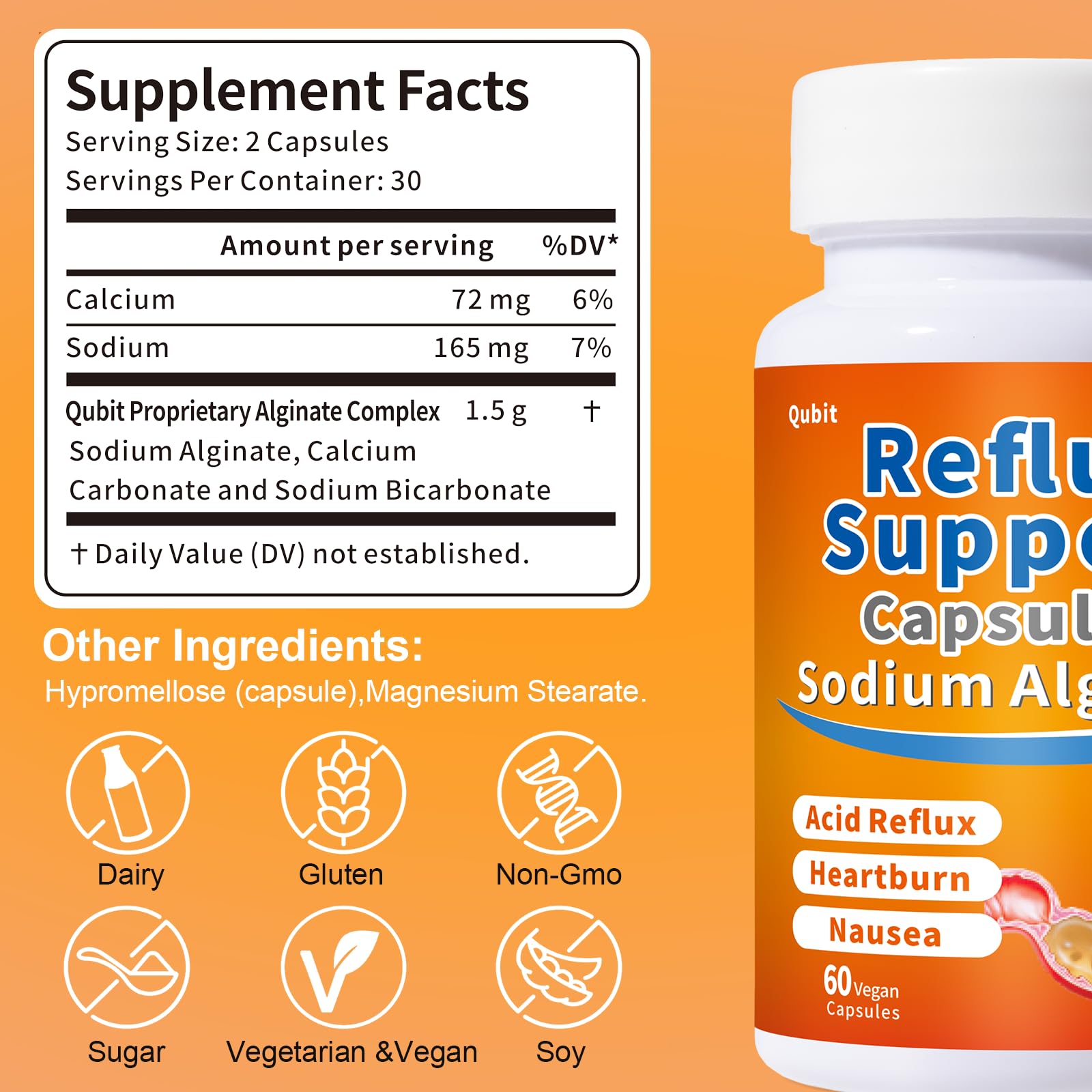 QUBIT Sodium Alginate bottle-open scene implying immediate relief potential during late dinners