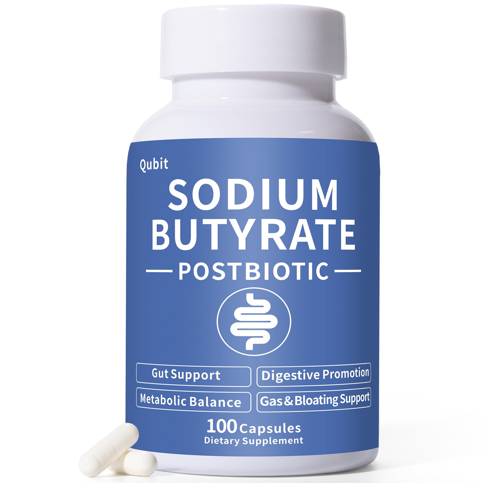 QUBIT Sodium Butyrate bottle pour, showcasing odor-controlled formula.