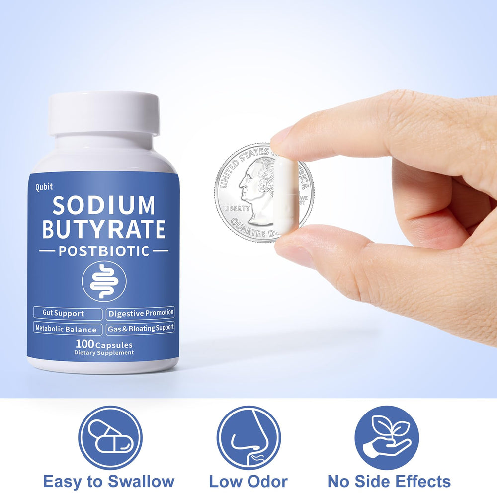 QUBIT Sodium Butyrate label close-up showing odor-control technology.