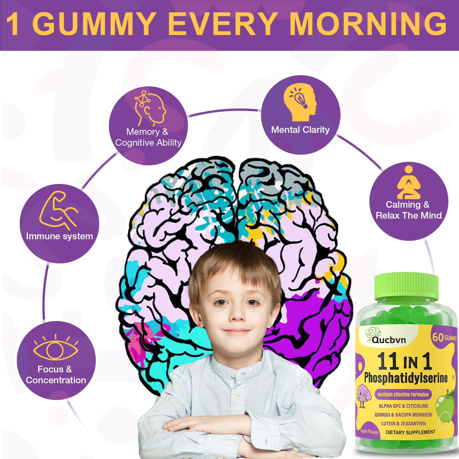 Qucbvn PS 600mg gummies bottle close-up highlighting flavor.