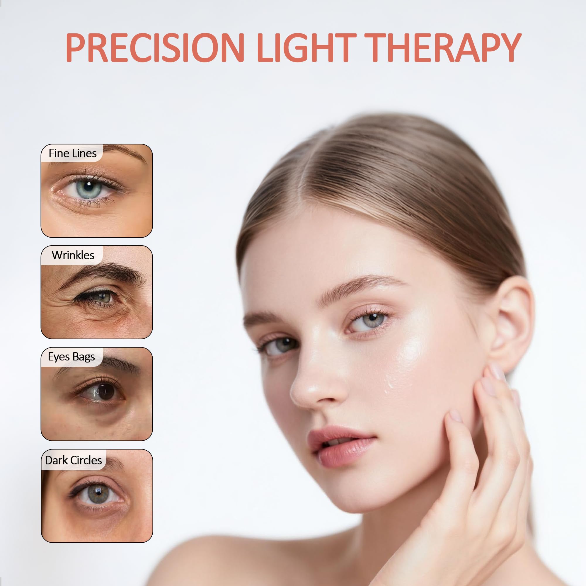 Queleay red-light therapy LEDs close-up showing 650nm spectrum for targeted eye-area care.