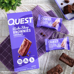 Quest Bake Shop brownies nutrition facts, highlights 10g protein and 2g net carbs.