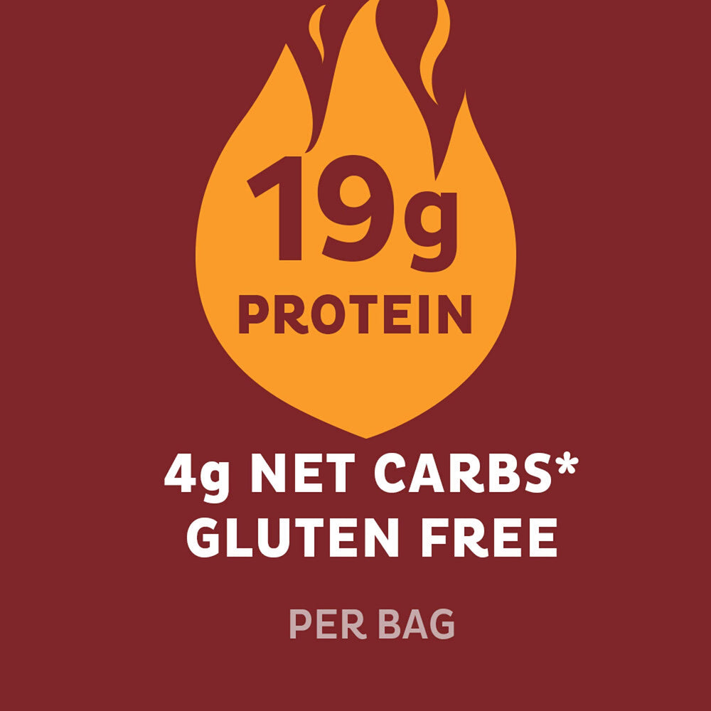 Nutrition label emphasizes 19g protein and 4g net carbs per bag.
