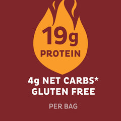 Nutrition label emphasizes 19g protein and 4g net carbs per bag.
