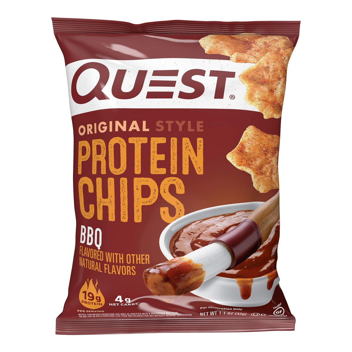 Quest BBQ Protein Chips pack on display, high-protein snack for travel and workouts.