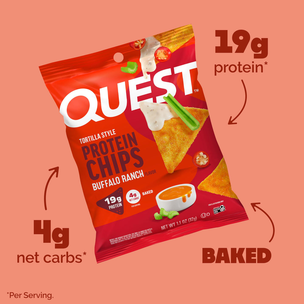 Close-up of Quest Buffalo Ranch chips highlighting crunchy texture and protein.