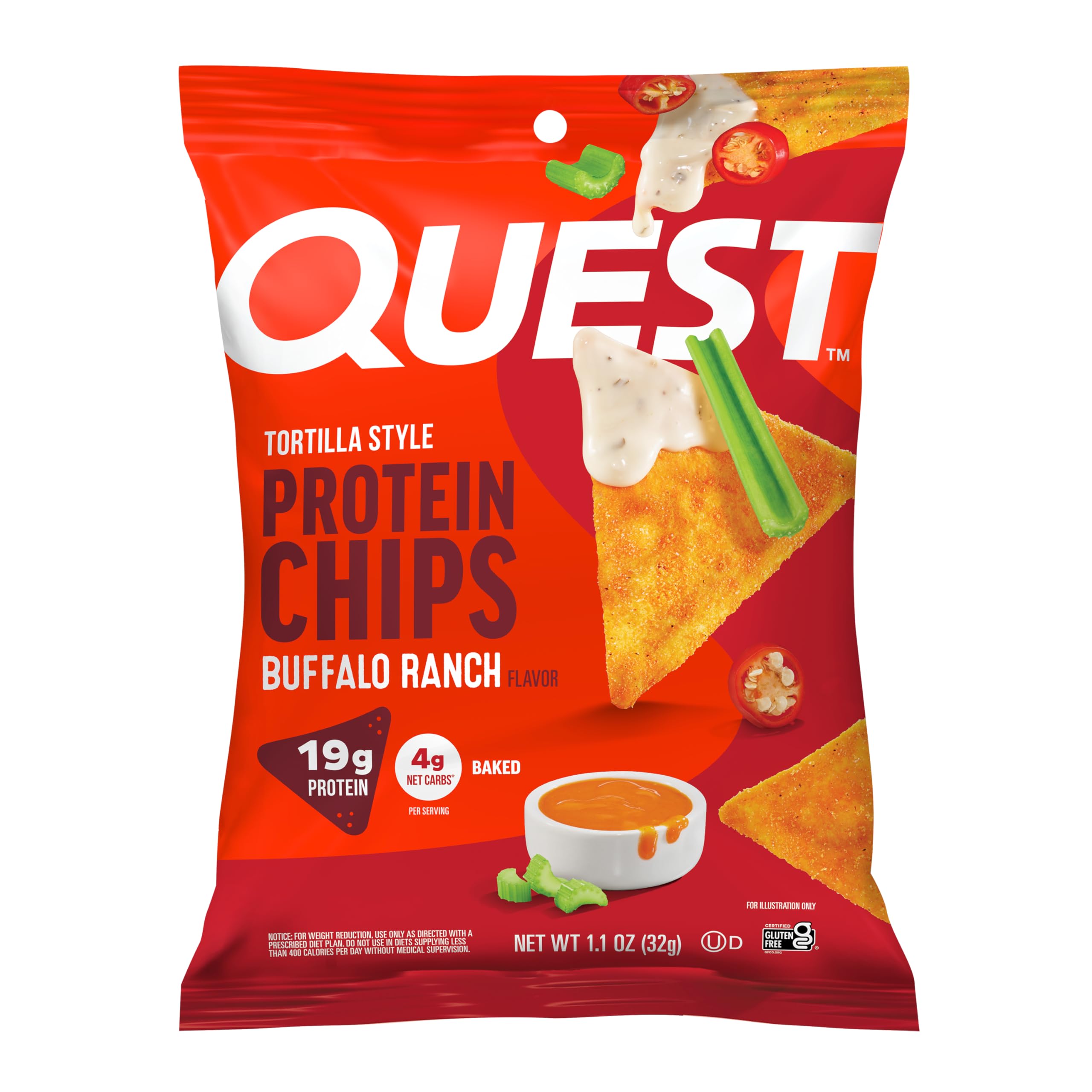 Quest Buffalo Ranch Protein Chips package showing gluten-free, high-protein snack appeal.
