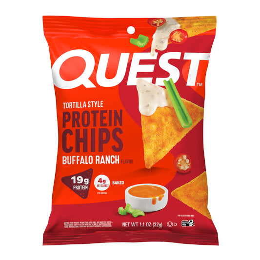 Quest Buffalo Ranch Protein Chips package showing gluten-free, high-protein snack appeal.