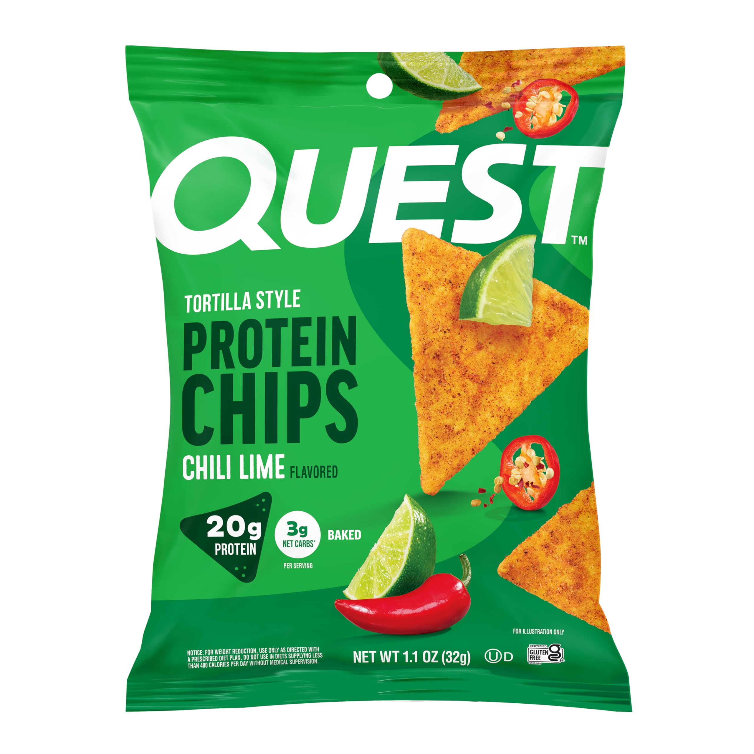Quest Chili Lime Tortilla Style Protein Chips box showcases gluten-free, high-protein snack for on-the-go.
