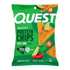 Quest Chili Lime Tortilla Style Protein Chips box showcases gluten-free, high-protein snack for on-the-go.