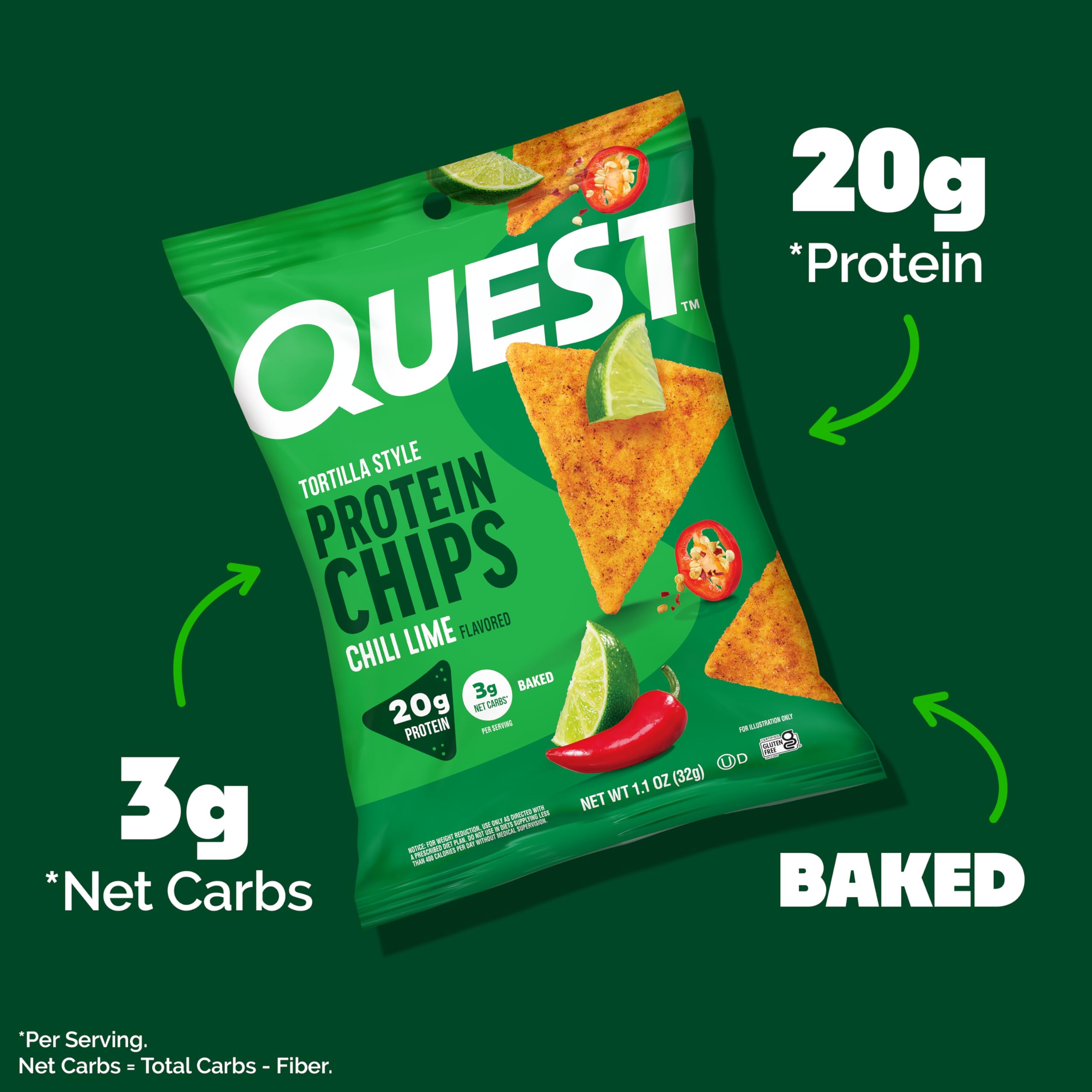 Quest Chili Lime Tortilla Style Protein Chips individual packet emphasizes convenience and grab-and-go protein.