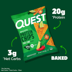 Quest Chili Lime Tortilla Style Protein Chips individual packet emphasizes convenience and grab-and-go protein.