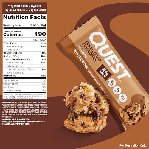 Close-up of chocolate chips and chewy dough texture in a Quest bar.