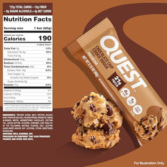 Close-up of chocolate chips and chewy dough texture in a Quest bar.