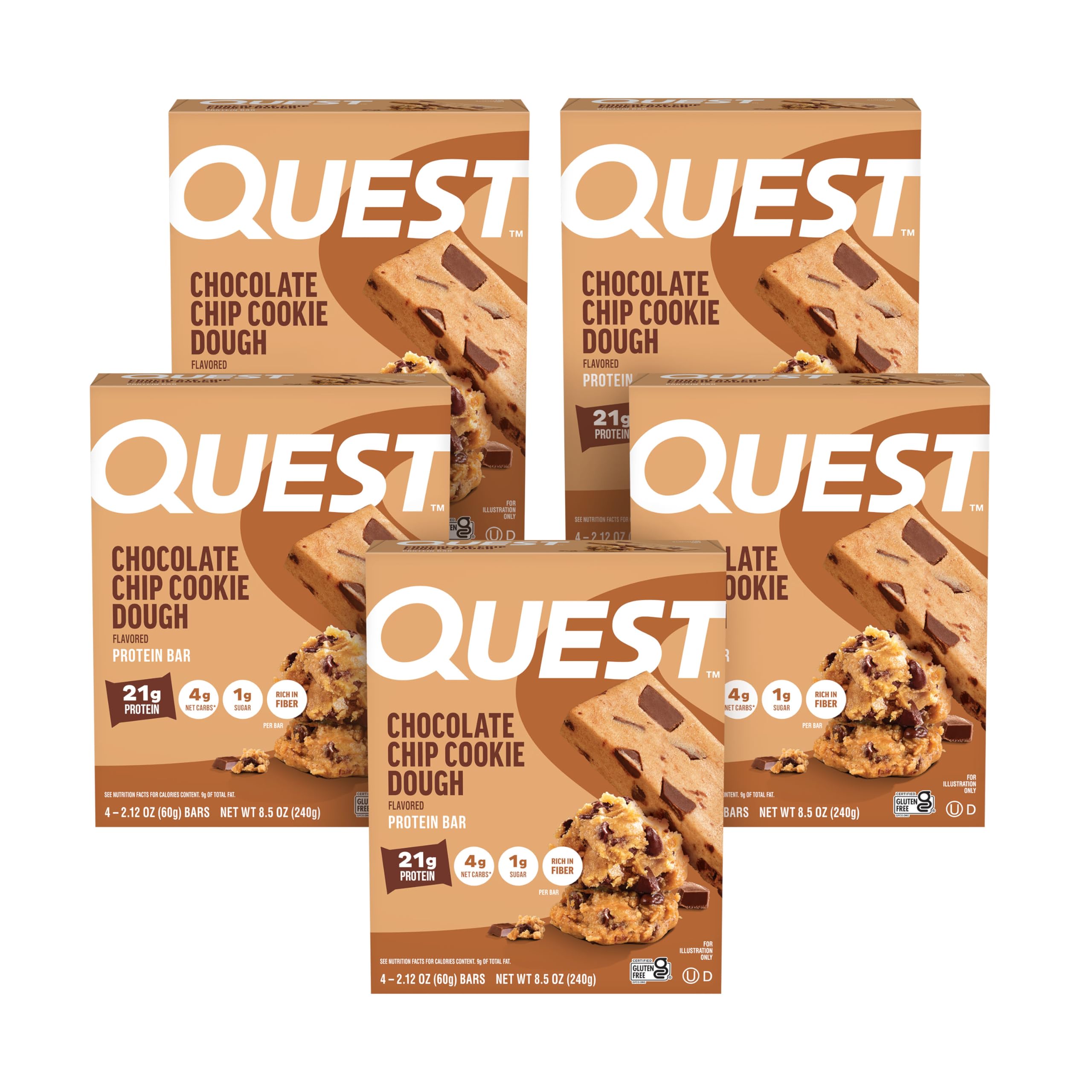 Quest Chocolate Chip Cookie Dough bar packaging highlighting gluten-free and keto-friendly features.