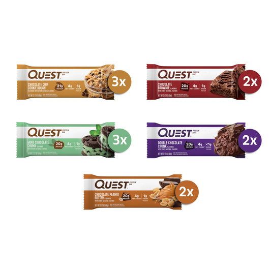 Quest Chocolate Lovers Variety Pack flavors display, convenient 12-count box