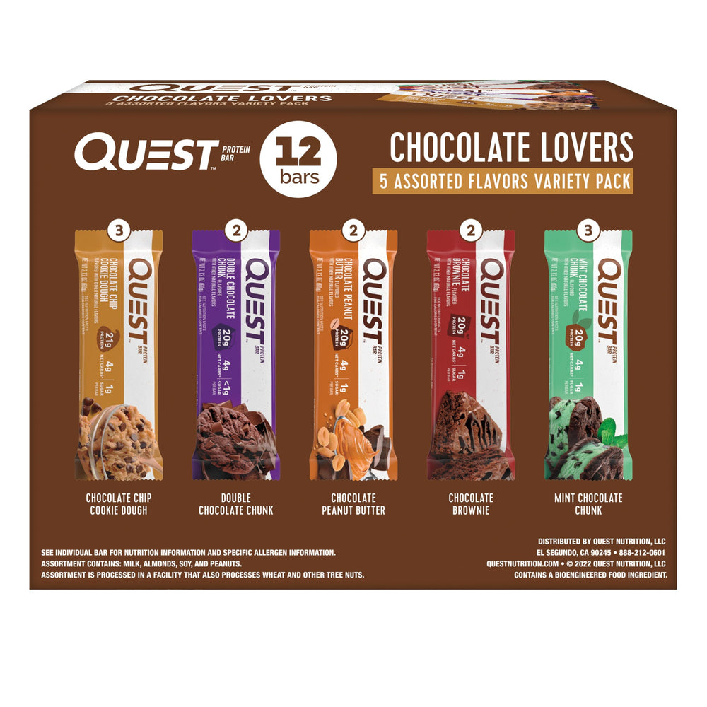 Quest Chocolate Lovers Variety Pack front view, high-protein snack option