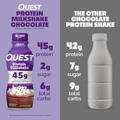 Quest Chocolate Protein Shake label shows 45g protein per serving.