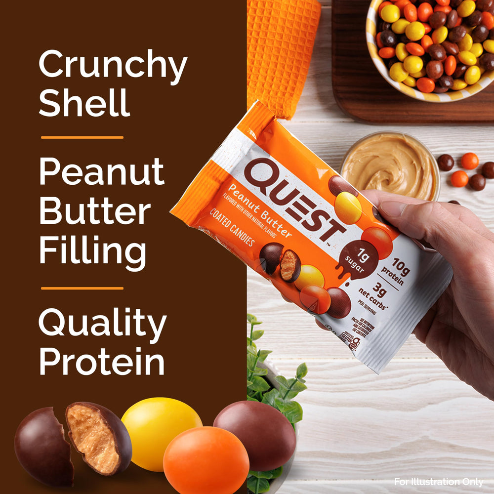 Quest coated candies peanut butter desk-snack, convenient protein between meetings.
